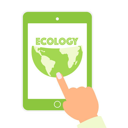 Hands holding digital tablet computer with zero waste concept on screen. Isolated on white. All screen content is designed. Ecology Environment Green Natural Plants. Concept save the planet, ecology, eco. Illustration vector flat icon eps10のイラスト素材
