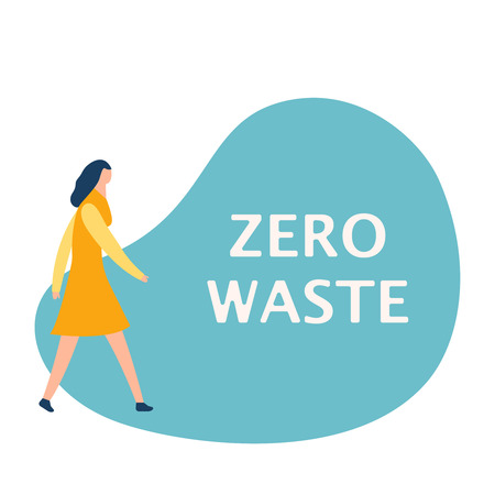 Text zero waste on bubble. Vector concept sticker for ecology and save planet. Woman walking and talking using speech bubble. Empty space for the message. Idea of communication and promotion. Isolated flat vector illustrationのイラスト素材