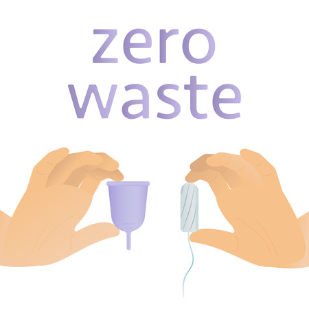 Reduce, reuse, recycle. Zero waste menstrual cups in hands. Diverse woman hands are holding girl cycle hygiene silicone containers for blood. Empowerment, economy, feminism and eco friendly concept vector illustration iconのイラスト素材