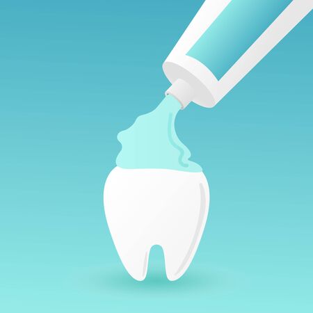 healthy white tooth holding toothpaste, brushing teeth concept - dental cartoon vector flat style cute design Tooth covered with toothpaste blue. World Dentist Day. Vector illustration of logo tooth.Stomatology banner.のイラスト素材