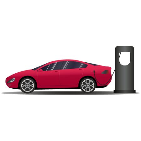 Red Hot European Style Sports-Car. Vector banner with electric car and charging station. Vector illustration comparing electric versus gasoline car suv.のイラスト素材