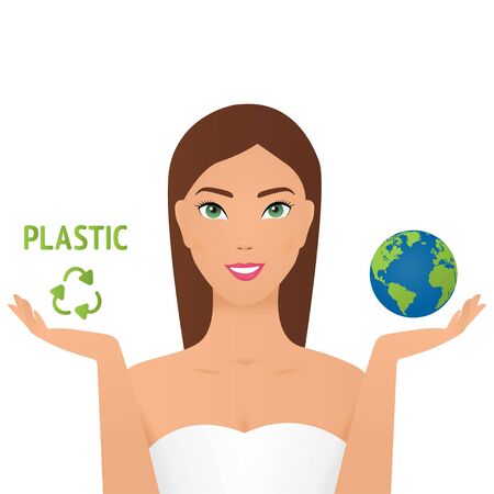 Girl holding planet and a plastic recycling sign say no plastic pollution recycling ecology problem save the earth concept female eco activist. No plastic.のイラスト素材