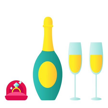 Wedding rings and champagne on table on white . Vector illustrationのイラスト素材