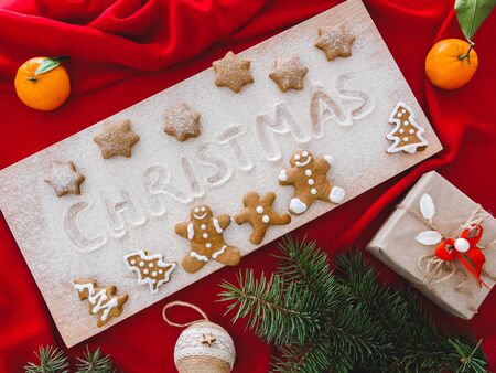 Christmas and New Year background. Composition of gifts, Christmas tree decorations and branches,...