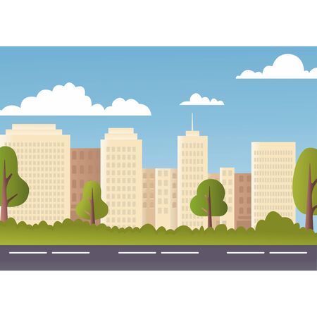 Road to Modern City View Skyscraper Cityscape Background with Copy Space Vector Illustration eps10のイラスト素材