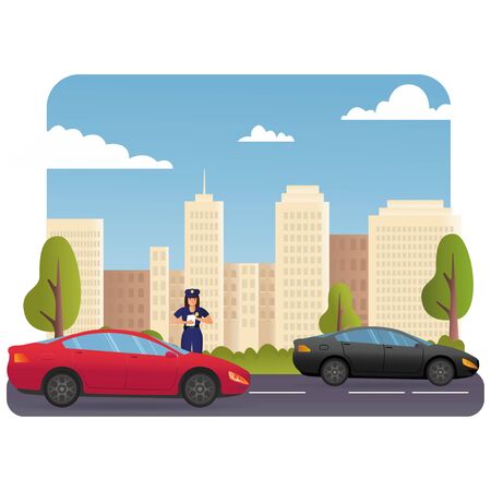 Police Officer Character in Uniform Write Fine on Road to Intruder. Law Protection, Car Traffic Inspector, Safety Control, High Speed Traffic Violation, Policeman Work Cartoon Flat Vector.のイラスト素材
