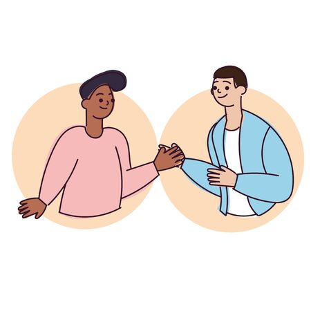 Smiling two cheerful young man waving , touching hands ,clapping hands and say Hello with colleague.Two friends man meeting giving high five.のイラスト素材