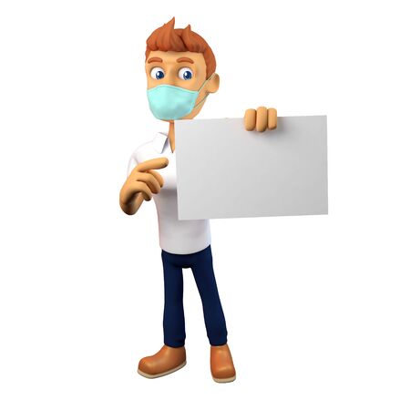 3D Cartoon Character with a Mask and Blank Signの写真素材