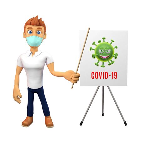 3D Cartoon Character with a Mask Showing Cardboard with Coronavirusの写真素材