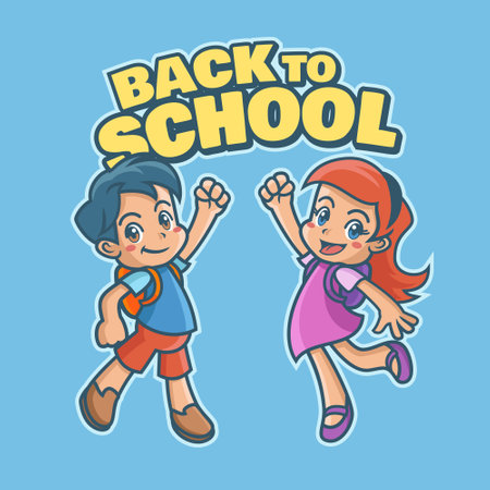 Happy Girl and Boy Jumping with Back to School Titleのイラスト素材