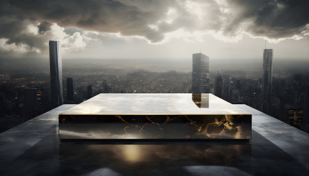 3d rendering of golden podium with cityscape in the background. AI generatedの写真素材