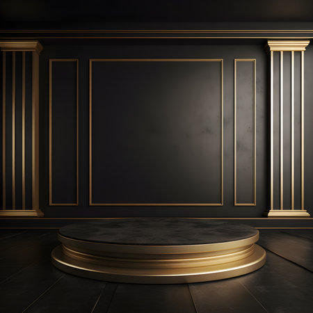 Black classic interior with gold podium for product presentation. 3d render illustration mock upの写真素材