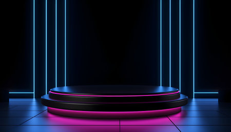 Black podium with neon lights, 3d rendering. Product display backdropの素材