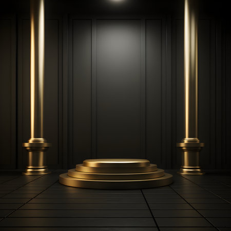 Golden podium on black background for product display. Realistic 3d render. Luxury pedestal.の写真素材