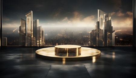 3d render of golden podium with cityscape in the background. AI generatedの写真素材