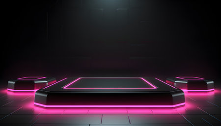 Futuristic Pink Neon Cyberpunk Sci-Fi Platform Podium Background. Product presentation backdrop. Realistic 3D Rendering, AI generatedの素材