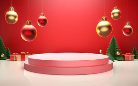 Christmas background with red and gold balls podium, xmas trees and snowflakes. Product display backdrop. AI generatedの素材