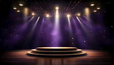 Stage podium illuminated with spotlight. Award ceremony concept. 3D Renderingの素材