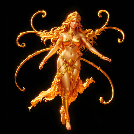 Beautiful Golden Goddess with Long Hair Fantasy Artの素材