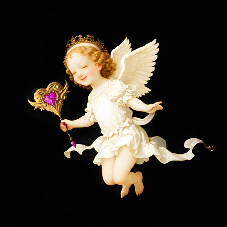 Cute Smiling Female Angel With Crown and Scepter Flyingの素材
