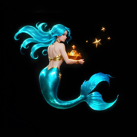 Beautiful Mermaid Holding a Golden Magic Box, Fantasy Art Styleの素材