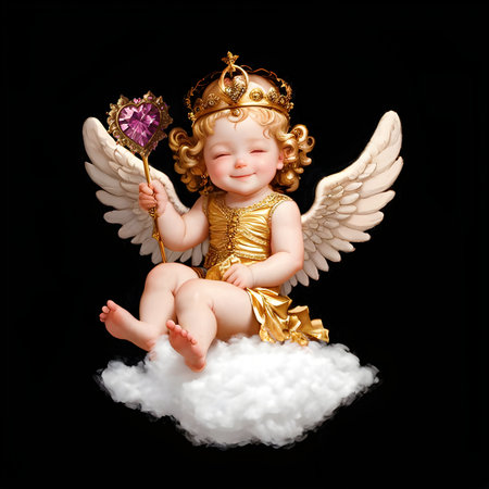 Cute Baby Angel Princess Dressed in Gold Wearing a Crown and a Heart Shaped Scepter, sitting on a Fluffy Cloudの素材