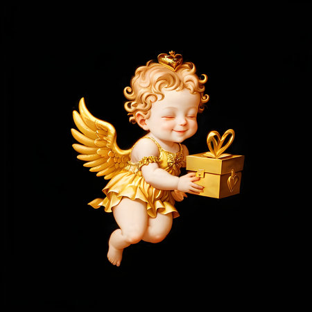 Golden Angel Baby Girl Smiling Holding a Golden Gift Boxの素材