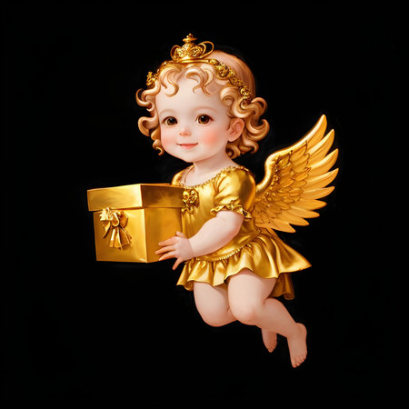 Golden Angel Baby Girl Holding a Golden Gift Boxの素材