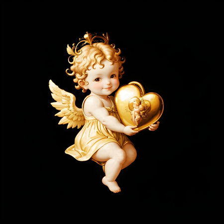 Golden Angel Baby Girl Holding a Golden Heartの素材