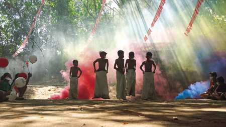 9 August 2020, Yogyakarta, Indonesia: five sacks races tried to jump and run with supporting...
