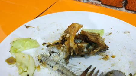 Dirty old food plates with catfish spinesの写真素材