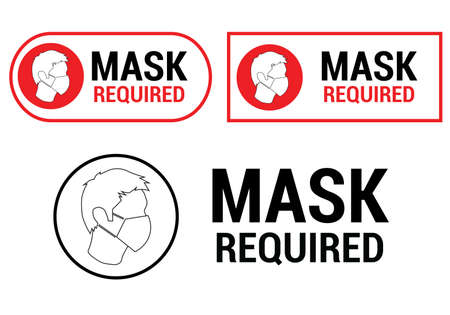 set of mask required warning prevention sign - human profile silhouette with face mask in rounded rectangular frame - isolated vector information pictureのイラスト素材