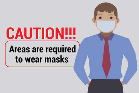 vector of bussiness man wearing mask and caution area required to wear mask for healty and defence covid-19 virusのイラスト素材