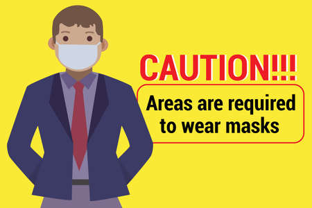 vector of bussiness man wearing mask and caution area required to wear mask for healty and defence covid-19 virusのイラスト素材