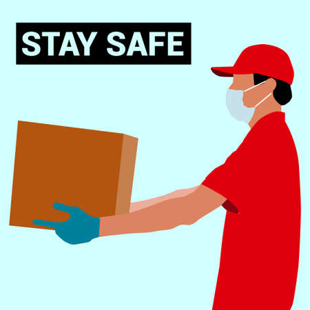 Delivery man holding a package wearing a face mask and glovesのイラスト素材
