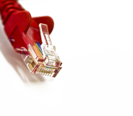 Red RJ45 Network plug on white background