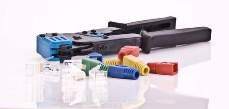 Closeup of crimping tool for RJ-45 and Cat5 cable jacks 