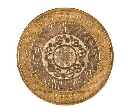 Macro shot of Two Pound Coin over white backgroundの写真素材