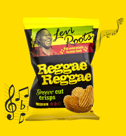 SWINDON, UK - MARCH 3, 2019: Levi Roots Reggae Reggae Groove cut crisps on a yellow backgroundのeditorial素材