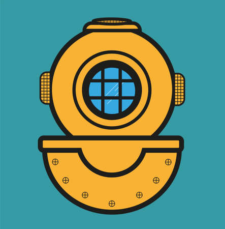 Old diving helmet vector drawing on a blue backgroundのイラスト素材
