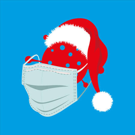 Happy Covid Christmas, coronavirus wearing a santa hat and mask on a blue background.のイラスト素材