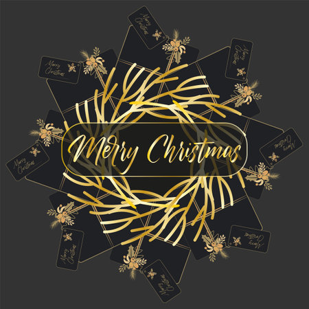 Christmas Vector Illustration with presents and gold wreath on a dark backgroundのイラスト素材