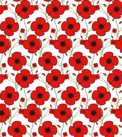 Red Poppy Flower seamless vector pattern floral background. Perfect for greeting, cards, invitations, wallpaper, wrapping paper, textile, webのイラスト素材