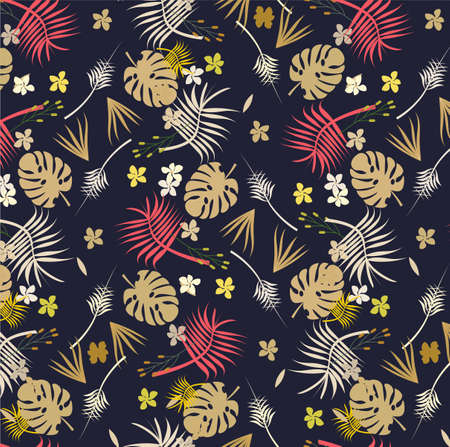 Seamless hand drawn floral vector pattern with bright pink flowers and exotic palm leaves on dark...