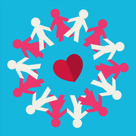 Circle of white and red paper people holding hands surounding a red heart on a blue background - Radial Vector illustrationのイラスト素材