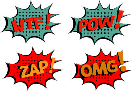 WTF-ZAP-POW-OMG Comic lettering Vector cartoon illustration in retro pop art style on halftone backgroundのイラスト素材