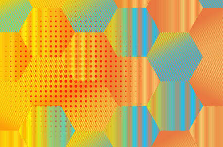 Abstract yellow blue and orange geometric background. Vector minimal illustration. Bright gradient hex shapes textured with halftone pattern and lines. Creative cover design and poster conceptのイラスト素材