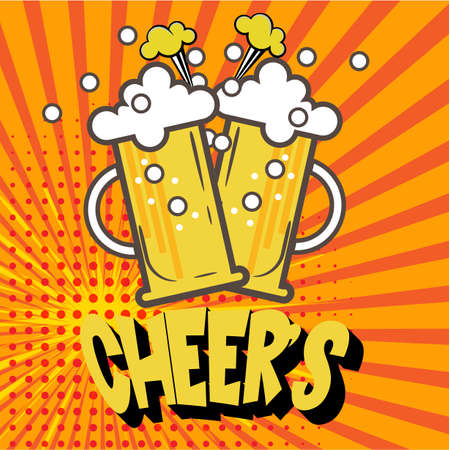 Mugs of beer pop art retro vector illustration with cheers text. Comic book style on a sunburst background.のイラスト素材