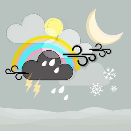 Mixed weather symbols vector Illustration - Snow rain and clouds. Winter snowflakes and rainbow Icons for website, weather app, meteorology, weather forecastsのイラスト素材