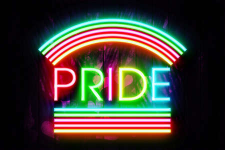 Pride Neon Sign on a Dark Heart decorated Wooden Wall  3D illustration.の写真素材